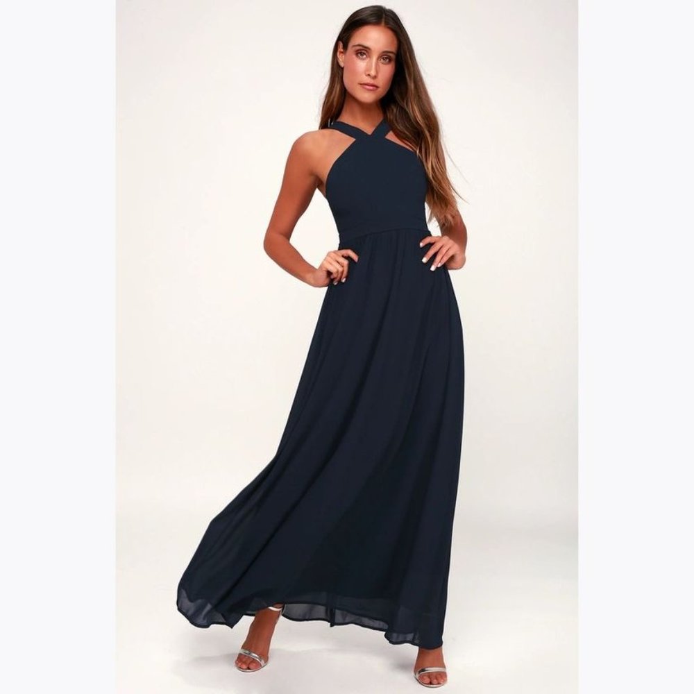 LULU'S Air of Romance Navy Blue Georgette Maxi Dress sz M Women's Wedding Guest - Picture 7 of 10